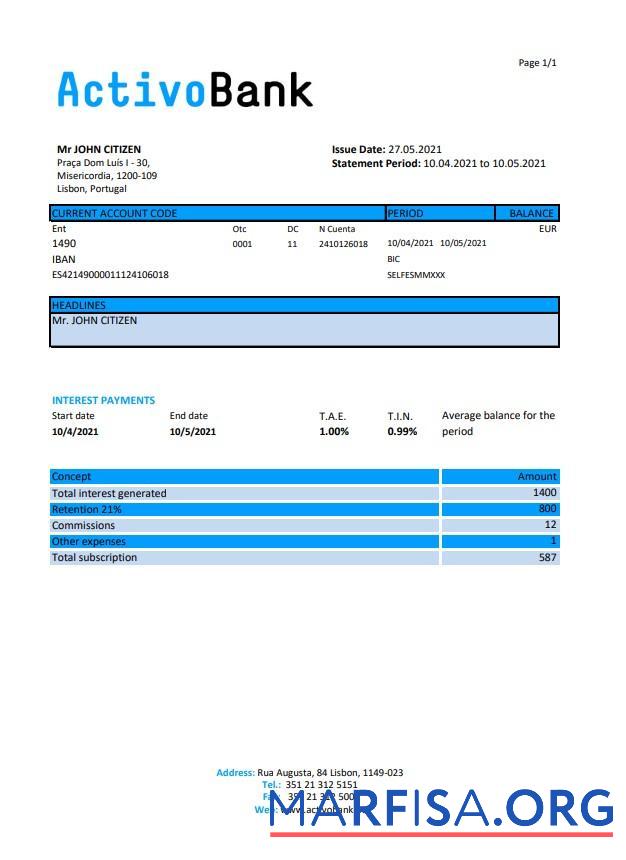 Realistic Portugal Activobank S.A. bank statement excel sample